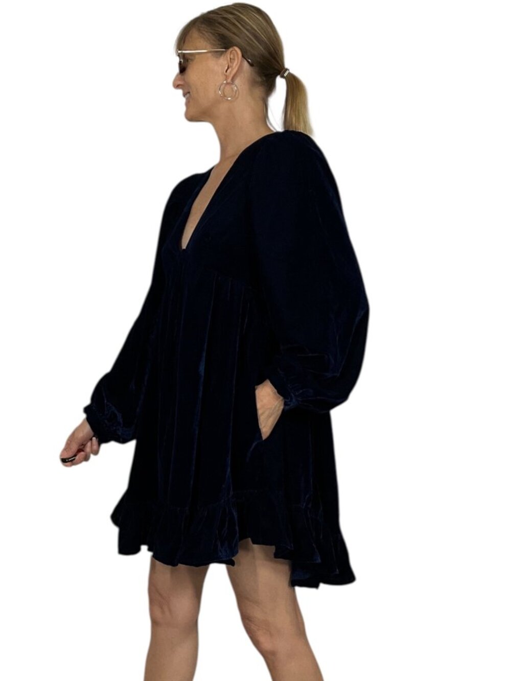 Free People Estella Velvet Mini Dress S Blue Babydoll Long Sleeve - Picture 5 of 16